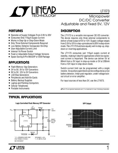 Linear Technology LT1173 Micropower DC/DC Converter Datasheet - cover page
