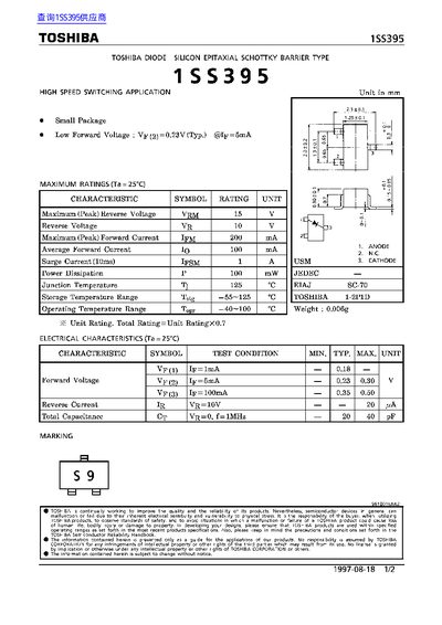 Toshiba 1SS395 Schottky Diode Datasheet - cover page