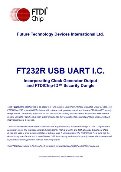 FTDI FT232R USB UART IC Datasheet - cover page
