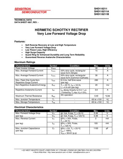 SENSITRON SHD118211 SHD118211A SHD118211B SEMICONDUCTOR HERMETIC SCHOTTKY RECTIFIER Very Low Forward Voltage Drop  - cover page