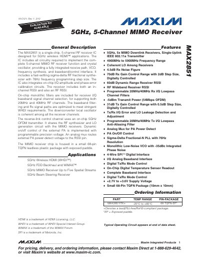 Maxim MAX2851 5GHz 5-Channel MIMO Receiver Datasheet - cover page