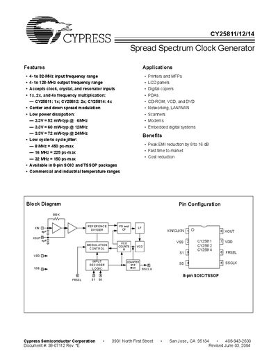 Cypress CY25811/12/14 Spread Spectrum Clock Generator Datasheet