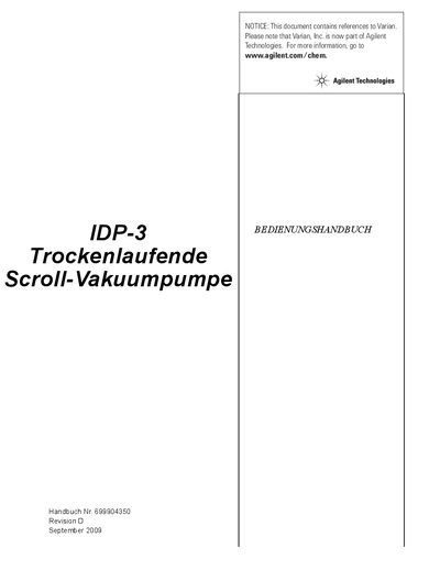 Varian IDP-3 Dry Scroll Vacuum Pump User Manual - cover page