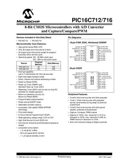 Microchip PIC16C712/716 8‑Bit CMOS Microcontroller Datasheet - cover page
