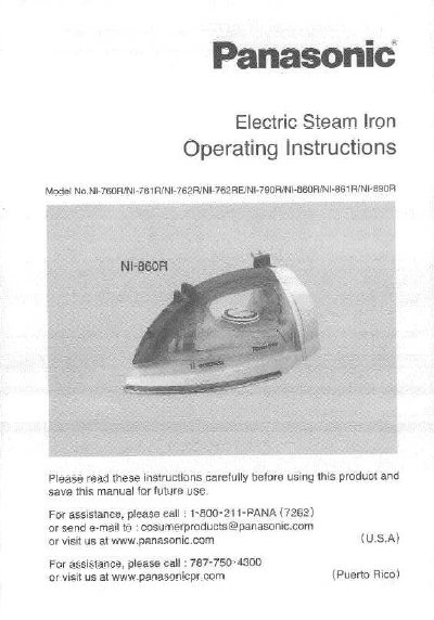 Panasonic NI-760R/NI-761R/NI-762R/NI-762RE/NI-790R/NI-860R/NI-861R/NI-890R Electric Steam Iron Operating Instructions - cover page