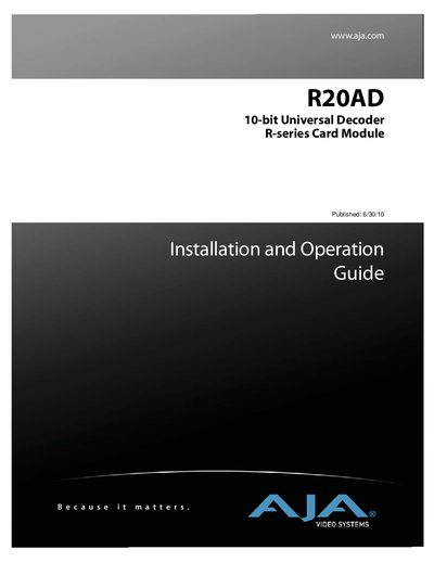 AJA R20AD 10-bit Universal Decoder Installation and Operation Guide - cover page
