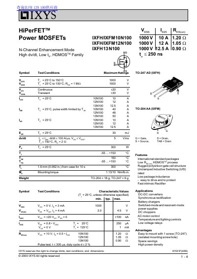IXYS IXFH/IXFM10N100 IXFH/IXFM12N100 IXFH13N100 handbook - cover page