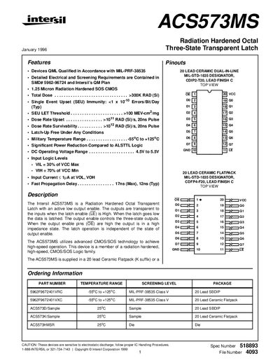 intersil ACS573MS Radiation Hardened Octal Three-State Transparent Latch handbook - cover page
