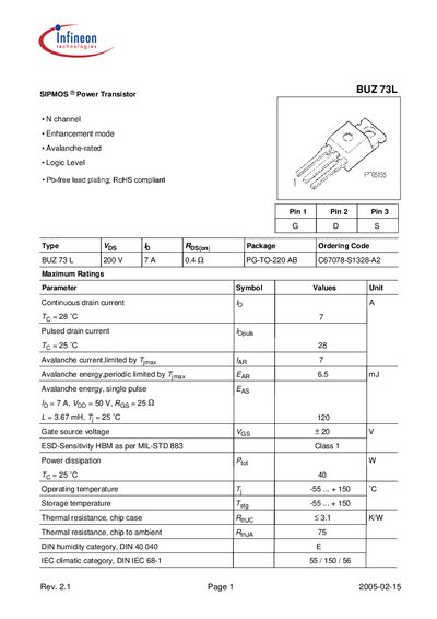 Infineon BUZ 73L Datasheet