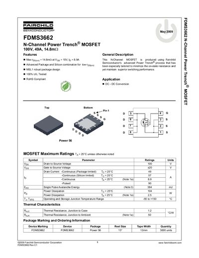 Fairchild Semiconductor FDMS3662 N-Channel MOSFET Datasheet - cover page