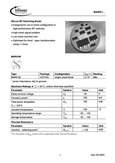 Infineon BAR81W Silicon RF Switching Diode Datasheet - cover page