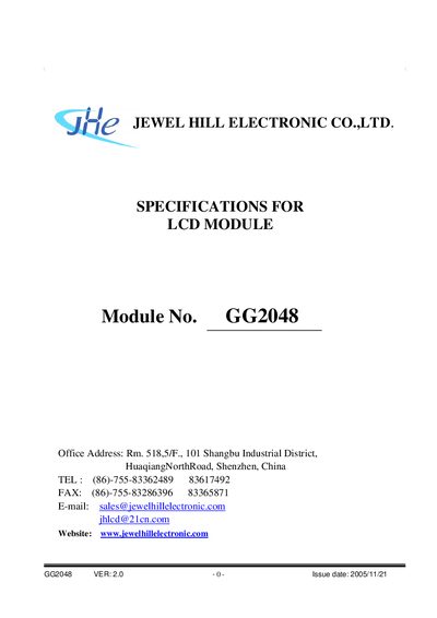Jewel Hill GG2048 LCD Module Datasheet - cover page