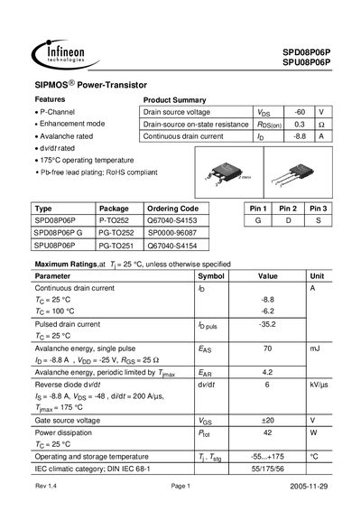 Infineon SPD08P06P Power Transistor Datasheet - cover page