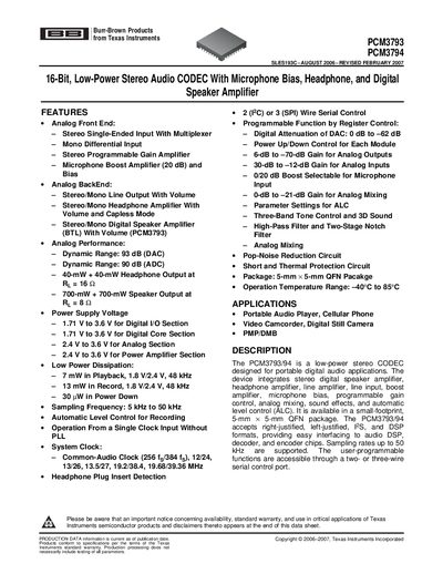 Texas Instruments PCM3793/PCM3794 Audio CODEC Data Sheet - cover page