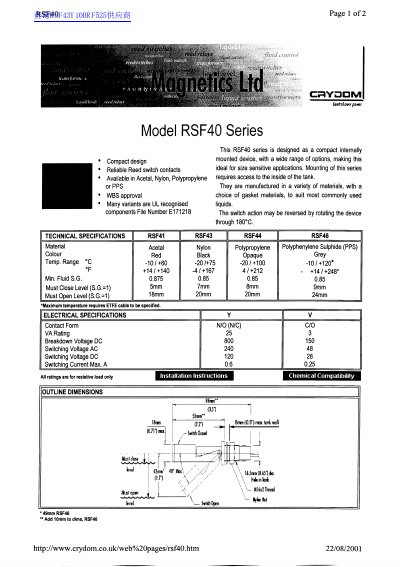 Crydom RSF40 Series Level Switch Product Data Sheet