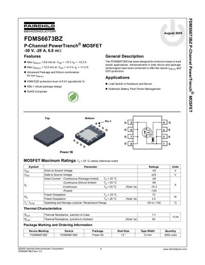 Fairchild FDMS6673BZ P-Channel MOSFET Datasheet - cover page