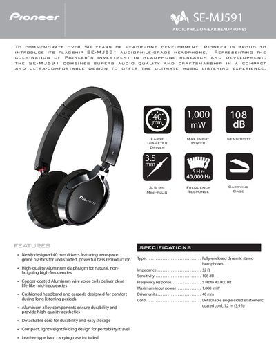 Pioneer SE-MJ591 Audiophile-Grade Headphone Product Leaflet - cover page