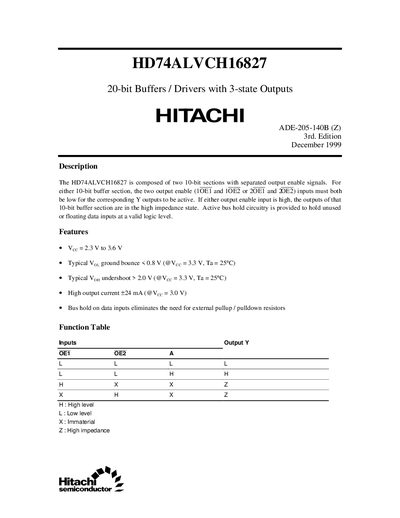 Hitachi HD74ALVCH16827 20-bit Buffer/Driver Handbook - cover page
