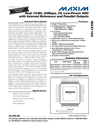 Maxim MAX1182 Dual 10‑Bit 65Msps 3V Low‑Power ADC with Internal Reference and Parallel Outputs Datasheet - cover page