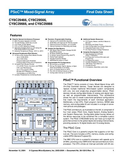 CYPRESS SEMICONDUCTOR CY8C29466 CY8C29566 CY8C29666 CY8C29866 PSoC Mixed-Signal Array handbook - cover page