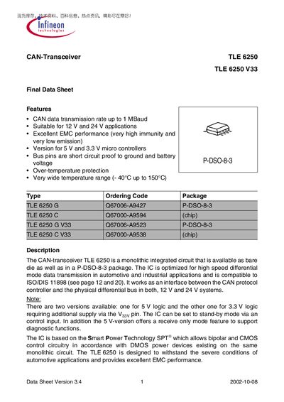Infineon TLE 6250 CAN Transceiver Datasheet