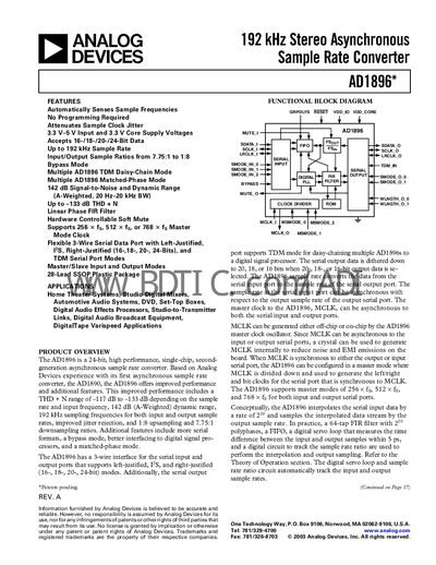 ANALOG DEVICES AD1896 192 kHz Stereo Asynchronous Sample Rate Converter Manual - cover page