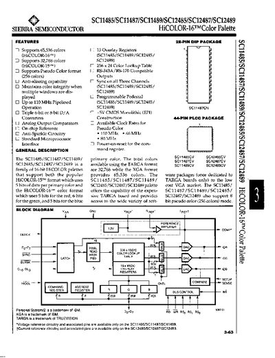 Sierra Semiconductor SC11485/11487/11489/12485/12487/12489 HiCOLOR-16 Color Palette Datasheet - cover page