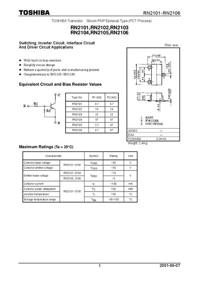 Toshiba RN2101~RN2106 Transistor Silicon PNP Datasheet
