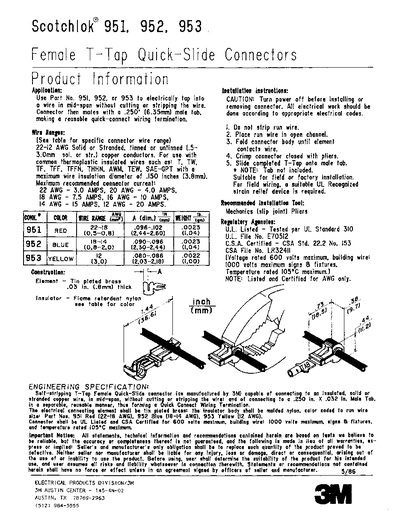 3M Scotchlok 951/952/953 Female Quick‑Slide Connectors Product Information - cover page