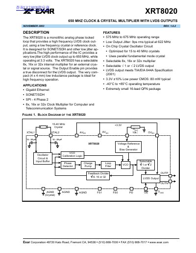 Exar XRT8020 Clock and Crystal Multiplier Datasheet - cover page