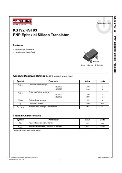 Fairchild Semiconductor KST92/KST93 PNP Epitaxial Silicon Transistor Datasheet - cover page