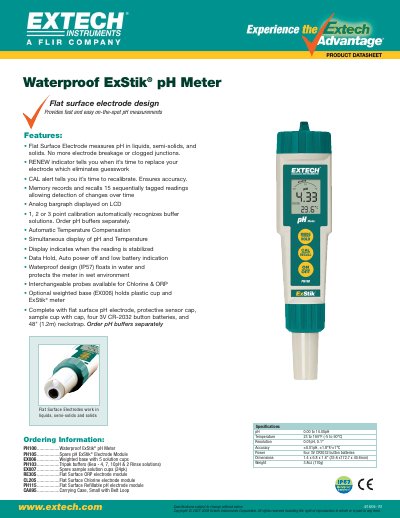 EXTECH PH100..................Waterproof ExStik pH Meter PH105..................Spare pH ExStik Electrode Module EX006 ..................Weighted base with 5 solution cups PH103............