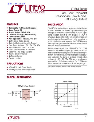 Linear Technology LT1764 Series Low Dropout Regulator Datasheet - cover page