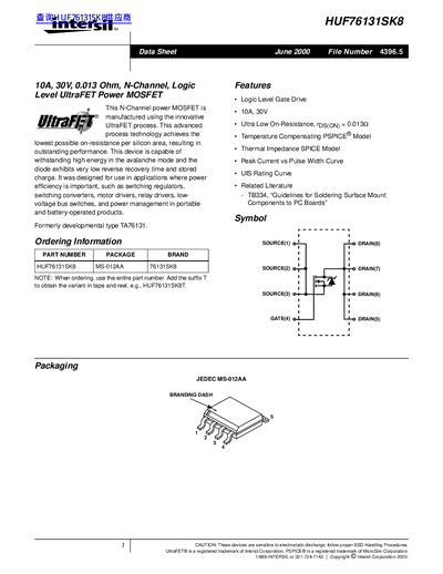 Intersil HUF76131SK8 N-Channel Logic Level UltraFET Power MOSFET Datasheet - cover page