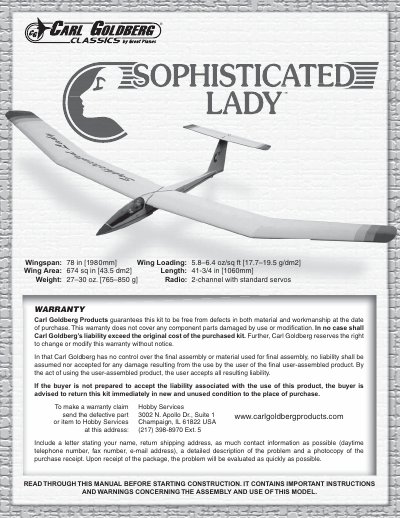 Carl Goldberg Sophisticated Lady Model Airplane Assembly and Operation Manual - cover page