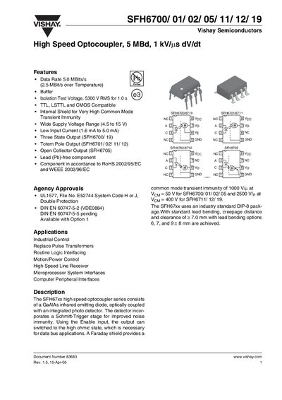 Vishay SFH6700 Series Optocoupler Datasheet - cover page