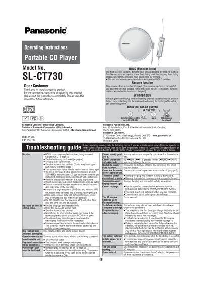 Panasonic SL-CT730 Portable CD Player Operating Instructions