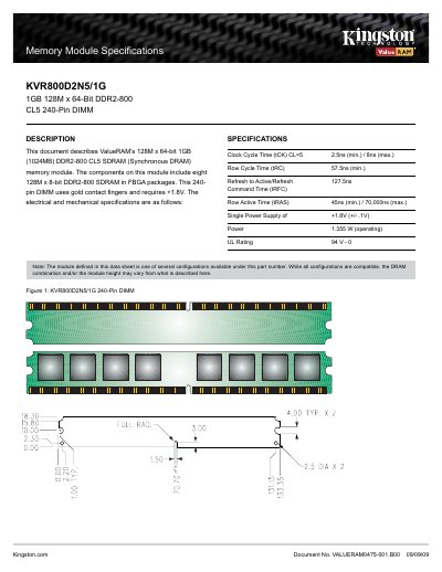 Kingston KVR800D2N5/1G Memory Module Datasheet - cover page
