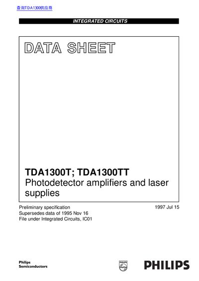 Philips TDA1300T/TDA1300TT Photodetector Amplifiers and Laser Supplies Datasheet - cover page