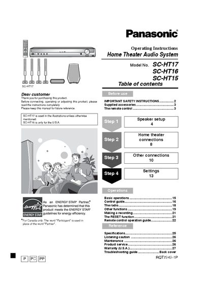Panasonic SC-HT17/SC-HT16/SC-HT15 Home Theater Audio System Operating Instructions - cover page
