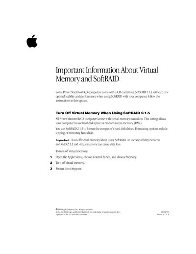 Apple Power Macintosh G3 SoftRAID Virtual Memory Warning - cover page