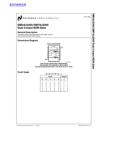 National Semiconductor DM54LS260/DM74LS260 Dual 5-Input NOR Gate Datasheet - cover page