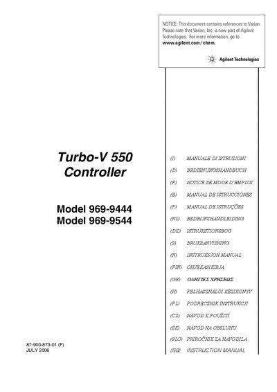 Agilent Turbo-V 550 Controller Model 969-9444/969-9544 Instruction Manual - cover page