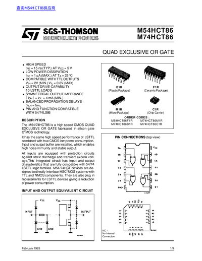 SGS-THOMSON M54HCT86 M74HCT86 Data Sheet - cover page