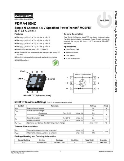 Fairchild FDMA410NZ Single N-Channel MOSFET Datasheet - cover page