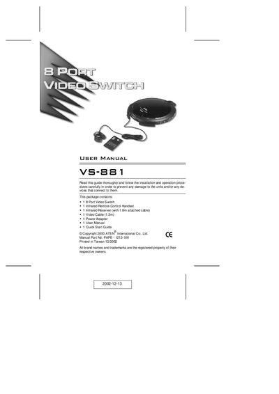 ATEN VS-881 Video Switch User Manual - cover page