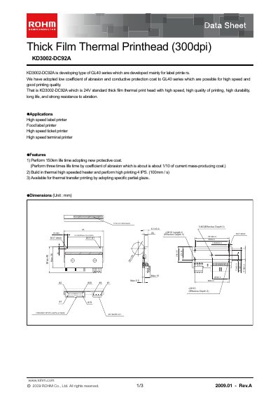 ROHM KD3002-DC92A Printhead Data Sheet - cover page