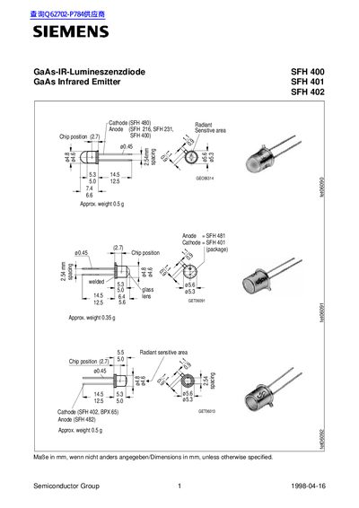 Siemens SFH 400/401/402 GaAs Infrared Emitter Datasheet