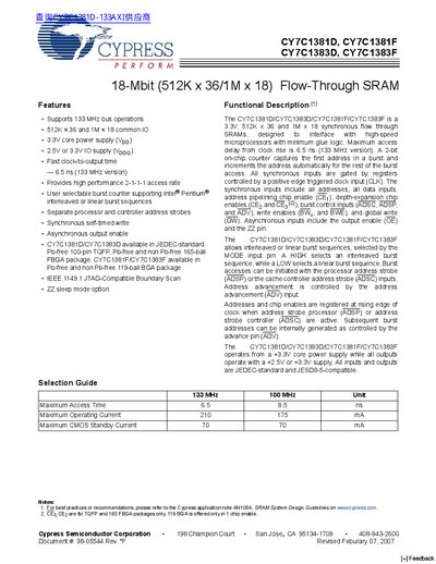 CYPRESS CY7C1381D CY7C1381F CY7C1383D CY7C1383F 18-Mbit (512K x 36/1M x 18) Flow-Through SRAM handbook