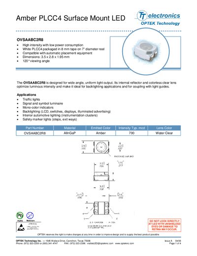 OPTEK OVSAABC2R8 Amber PLCC4 Surface Mount LED Datasheet - cover page
